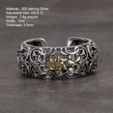 S925 Sterling Silver Retro Hollow Ring with Gold Six-pointed Star Opening Type Thai Silver Jewelry