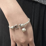 S990 Pure Silver Cuff Bracelet for Women Men I DO Letter Bead Charms Open Bangle Antiqued Retro Fashion Jewelry