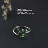 Real 925 Sterling Silver Green Enamel Leaf Ring Adjustable Ring Elegant Fine Jewelry For Women Party Accessories