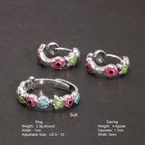 Real 925 Sterling Silver Colorful Enameling Flower Ring Earrings Party Jewelry Gift Engagement Open Jewelry Set