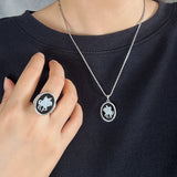925 Sterling Silver Unicorn Cameo Onyx Ring Woman Black Onyx Earrings Pendant Round Shaped Fashion Vintage Jewelry Set