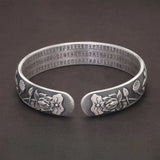 999 Pure Silver Buddhist Fish Lotus Bracelet Heart Sutra Engraved Open Cuff Bangle Vintage Adjustable Handmade Spiritual Jewelry - GQTORCH Jewelry