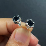 Men's and Women's Sterling Silver Earrings with Simple Design, Smooth and Flat Hexagram Natural Black Agate Fine Jewelry