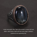 925 Sterling Silver Blue Tiger's Eye Signet Ring Natural Gemstone Hawk's Eye Turkish Ring for Men Retro Punk Male Jewelry