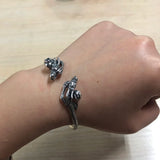 Real 925 Sterling Silver Dragon Claw Bracelet Vintage Punk Style Double Dragon Play Beads Open Bangle Jewelry