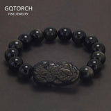 Natural Gold Obsidian Beaded Bracelet with Pixiu Feng Shui Goold Luck Wealth Amulet Fashion Vintage Jewelry for Men and Women