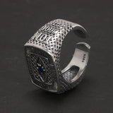 Real 925 Sterling Silver God's Eye Mens Ring Square Blue Zircon Vintage Rock Punk Adjustable Fine Jewelry