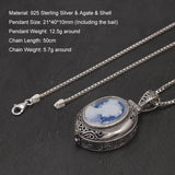 925 Sterling Silver Cameo Locket Pendant Necklace Blue Agate White Shell Openable Pendant Vintage Jewelry