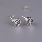 Real 925 Sterling Silver OM Mantra Stud Earrings For Women and Men Retro Antique Style Six-Word Sutra Buddhism Jewelry