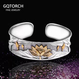 Real 925 Sterling Silver Bangles for Women Wide Bracelet Gold Color Lotus Carved Opening Cuff Buddhist Jewelry