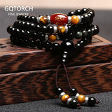 Buddhist Beads Bracelet for Men and Women Natural Obsidian 108 Beads Tibetan Six Words Mantra Natural Agate Crystal Jewelry