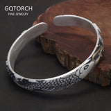 999 Pure Silver Fish Open Cuff Bracelet for Men Women Lotus Engraved Vintage Retro Bangle Fengshui Ethnic Style Jewelry