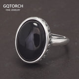 Vintage 925 Sterling Silver Rings Black Stone for Men and Women Oval Natural Agate Opening Type Fine Jewelry