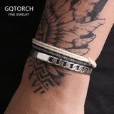 3pcs/set 925 Sterling Silver Cuff Bangle Men's Stack Bracelet Black White Braided Knot Rope Handwoven Simple Fashion Jewelry