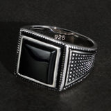 925 Sterling Silver Mens Ring with Black Natural Agate Stone Simple Geometric Design Wedding Rings for Men Size 7-13