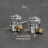 925 Sterling Silver One-eyed Skull Earrings For Men With Cubic Zircon Stone Punk Rock Studs Earrings Personalized Jewelry