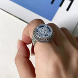 925 Sterling Silver Blue Agate Cameo Cat Ring for Women Round Cute Statement Ring Fashion Delicate Party Jewelry Gift