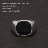 S925 Sterling Silver Black Onyx Signet Ring for Men Trendy Retro Smooth Punk Rock Party Jewelry Pinky Ring Wedding Accessories