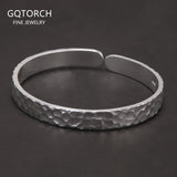 999.9 Pure Silver 8mm Hammered Open Cuff Bangle Bracelet for Men and Women Retro Minimalist Hand Craft Punk Rock Jewelry