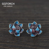 S925 Sterling Silver Retro Cloisonne Lotus Earrings for Women Fashion Ethnic Style Enameling Stud Earrings