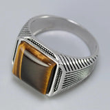 Authentic Sterling Silver 925 Man Ring With Tiger Eyes Fine Jewelry Stripe Pattern Natural Stone Cool Retro Punk Ringen - GQTORCH Jewelry