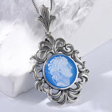 S925 Silver Blue Agate Cameo Pendant Necklace White Shell Portrait Geometric Vintage Retro Large Pendant Women Jewelry