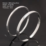 Real 999 Sterling Silver Simple Smooth Cuff Bracelet Men and Women Shining Craft Couple Bangle Minimalism Jewelry