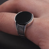 925 Sterling Silver Round Black Onyx Stone Signet Ring for Men Classic Turkish Rings Retro Fashion Punk Wedding Party Jewelry