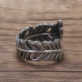 925 Sterling Silver Feather Open Finger Ring for Women Men Adjustable Minimalist Retro Leaf Shaped Fashion Jewelry