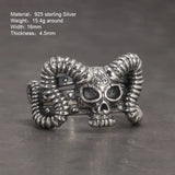 Vintage 925 Sterling Silver Skull Rings For Men Retro Punk Rock Demon Head Trident Engraving Motorcycle Biker Ring