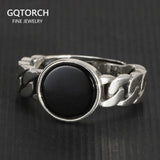 Genuine 925 Sterling Silver Chain Rings With Black Agate Inlaid Adjustable Size Natural Stone Ring Fine Jewelry