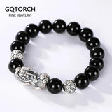 Black Obsidian Stone Bracelets Hand Accessories For Men With Real Sterling Silver Pixiu Feng Shui Crystals Jewelry Armband Heren - GQTORCH Jewelry