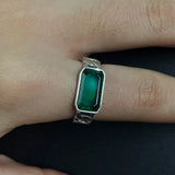 Genuine 925 Sterling Silver Men's and Women's Rings Green Crystal Inlaid Braided Vintage Rings Adjustable Size Jewelry