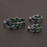 925 Sterling Silver Peacock Feather Ring Earrings for Women Green Color Enameling Vintage Fashion Jewelry Set
