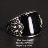 Vintage Punk 925 Rings With Natural Black Onyx Stone Unique Curved Surface Biker Rings For Men