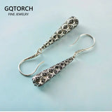 Wholesale Silver Jewelry S925 Sterling Silver Retro Ethnic Fish Scale Pattern Black Agate Long Face-shaped Earrings Women