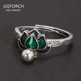 925 Sterling Silver Green Lotus Ring Earrings with Dangle Bead Enameled Women's Vintage Fashion Elegant Jewelry Set