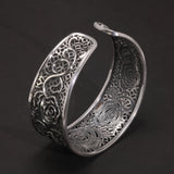 Women's Bangle Silver 999 Hollow Flower Open Cuffs Exaggerated Wide Large Rose Bracelet Retro Jewelry