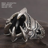 Real Pure 925 Silver Ring Cool Antique Paw Ring Men's Natural Stone Oval Black Agate Retro Hip Hop Adjustable Jewelry