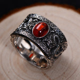 Guananteed S925 Sterling Silver Ring Vintage Garnet Black Agate Double Dragon Play Bead Wide Ring Wholesale