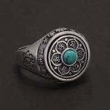 925 Sterling Silver Six Mantra Lotus Ring with Turquoise Onyx Agate Rotatable Unisex Vintage Buddhist Prayer Jewelry