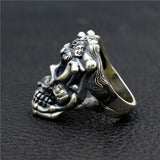 Real 925 Sterling Silver Naked Skull Rings For Men Retro Antique Motorcycle Biker Rings Punk Skeleton