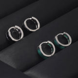 Pure 925 Silver Cut Green Black Agate Hoop Earrings Natural Gemstone Huggie Earrings Women Men Unisex Fashion Vintage Jewelry