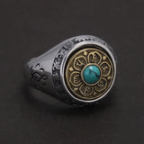 925 Sterling Silver Six Mantra Lotus Ring with Turquoise Onyx Agate Rotatable Unisex Vintage Buddhist Prayer Jewelry