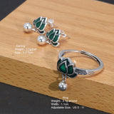 S925 Sterling Silver Vintage Enameled Lotus Earrings Ring Set Women's Fashion Ethnic Style Adjustable Jewelry