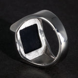 Solid 925 Sterling Silver Square Plain Ring for Men With Natural Black Agate Simple Rustic Flat Top Hallmarked Band Male Jewelry