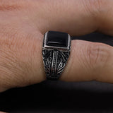 925 Sterling Silver Rings Mens Rings Vintage Flower Engraved Black Green Red Natural Onyx Stone Square Shape Punk Turkey Jewelry