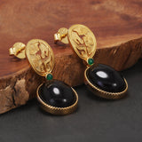 Vintage 925 Sterling Silver Onyx Drop Earrings for Women 18k Gold Plated Luxury Elegant Party Jewelry Gift for Ladies