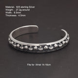 Women's 925 Sterling Silver Punk Rock Bracelet Bangle Full Skull Carved Solid Heavy Duty Cuffles Open Fine Jewelry