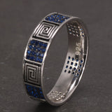 925 Sterling Silver Turkish RIngs Fret Pattern Religions Jewelry For Men and Women Blue Color Zircon Stone Paved Setting